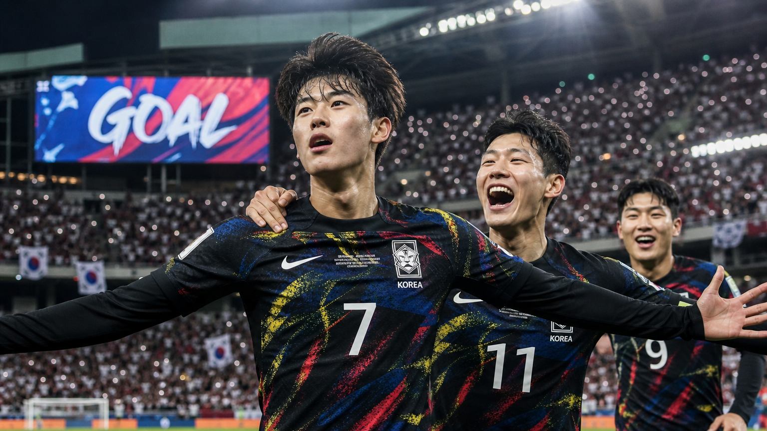 국제 경기장에서 골을 넣고 기뻐하는 십대 축구 신동