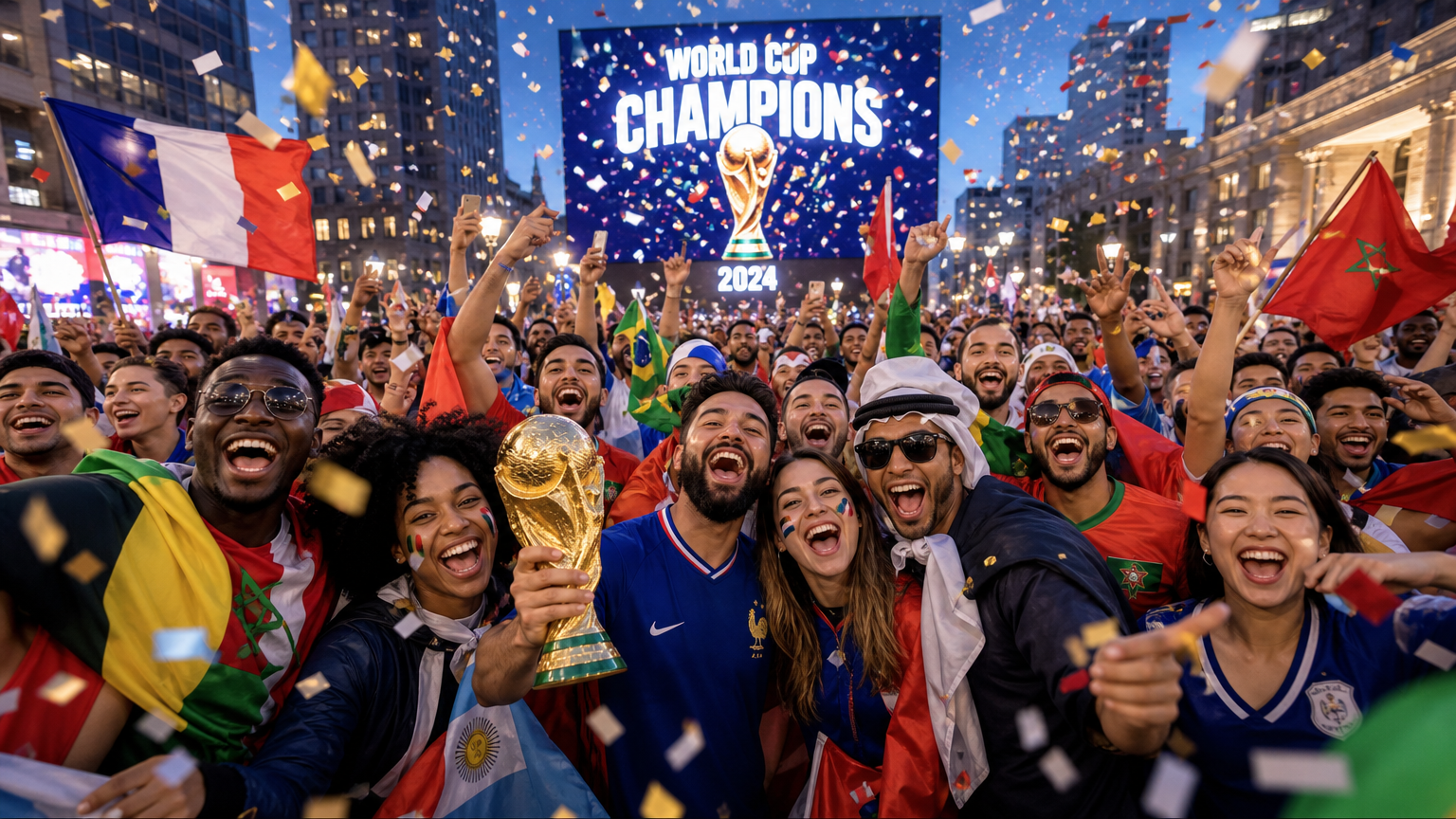 FIFA 월드컵 승리를 기념하기 위해 도시 광장에서 다양한 배경을 가진 팬들이 응원하는 모습.