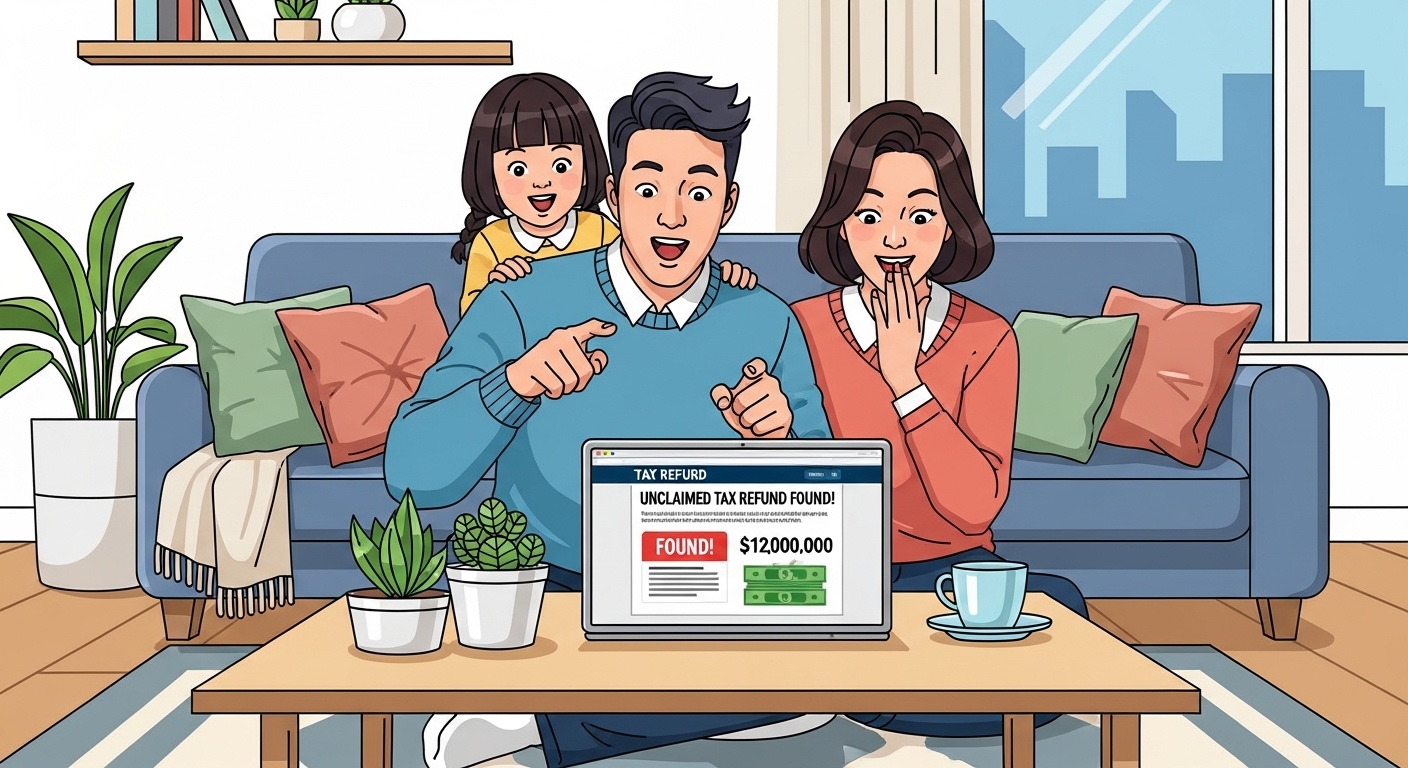가족이 거실에서 노트북으로 숨은 세금 환급금을 발견하고 기뻐하는 모습