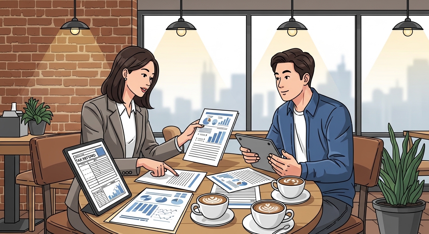 카페에서 서류와 태블릿을 놓고 세금 환급 유형에 대해 이야기하는 사업주와 프리랜서