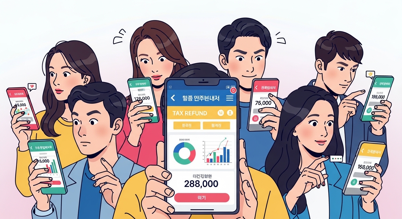 젊은 사람들이 모바일 앱으로 숨겨진 세금 환급금을 확인하는 모습
