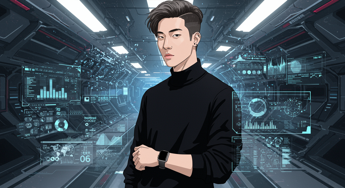 첨단 기술 환경에서 애플 워치를 착용하고 있는 한국인의 미래지향적 모습