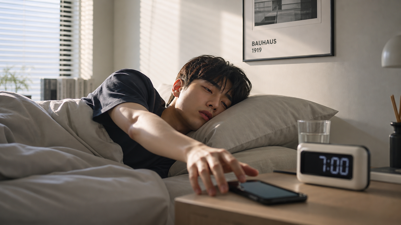 침대에서 피곤한 눈으로 스마트폰을 잡는 직장인의 아침 모습