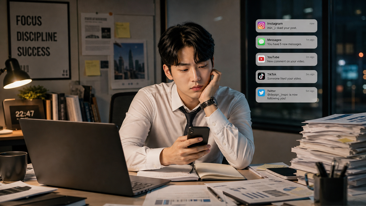 책상 위에서 휴대전화 알림에 산만해진 한국 직장인의 모습