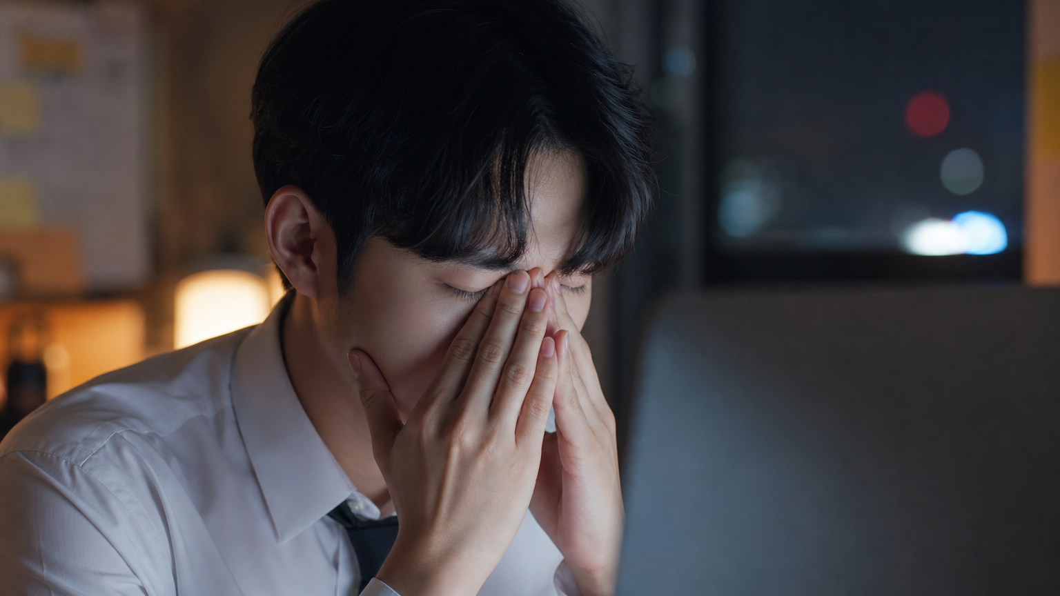 어두운 사무실에서 컴퓨터 화면 앞에 앉아 피곤한 눈을 비비는 모습