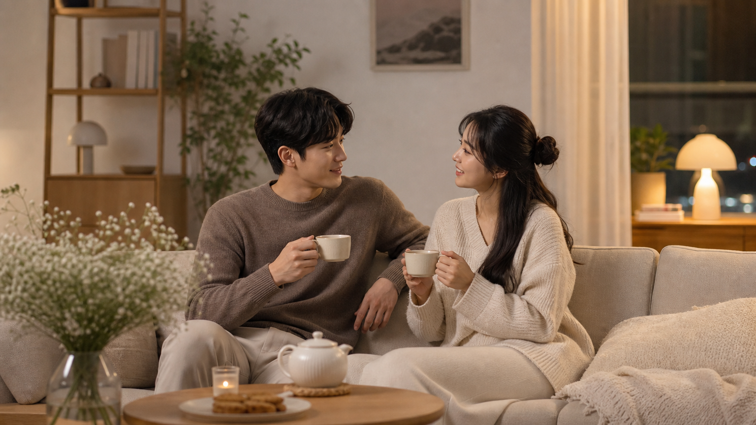 거실에서 전자기기를 끄고 대화하는 젊은 부부의 편안한 모습