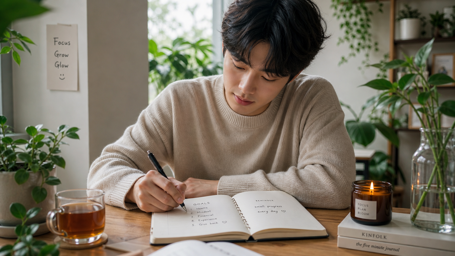 식물 사이에서 목표를 적어내려가는 젊은 사람의 모습