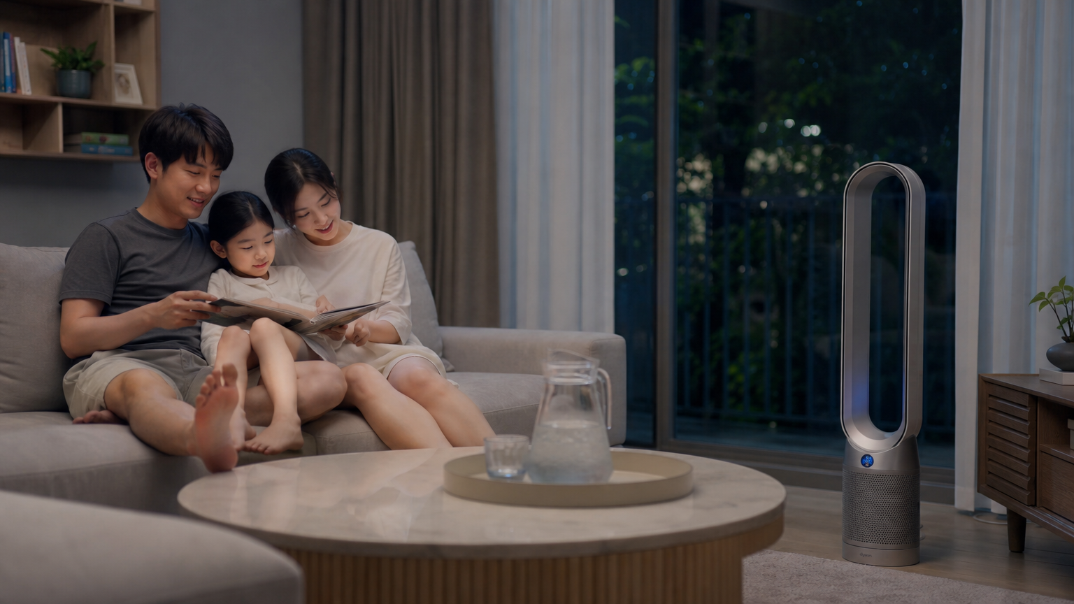 현대적인 거실에서 조용한 다이슨 선풍기를 사용하는 가족의 모습