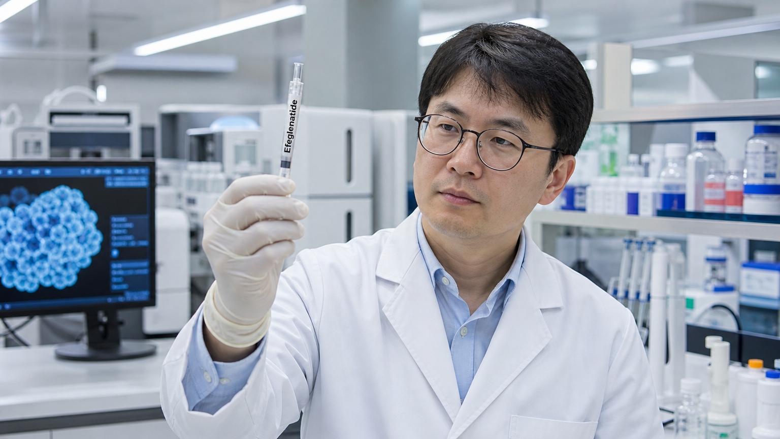 최첨단 실험실에서 에페글레나타이드 주사기를 든 연구원