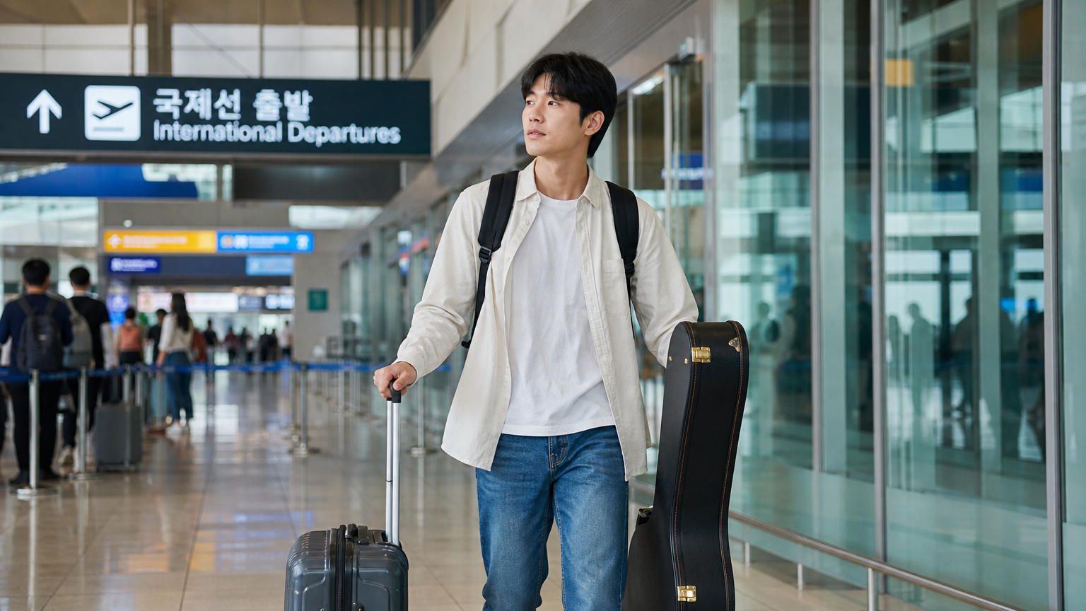기타 케이스와 여행 가방을 들고 새로운 여정을 준비하는 젊은 남성