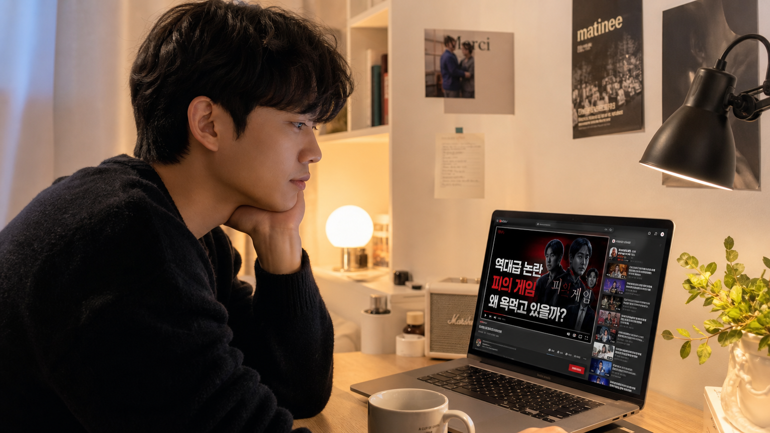 한국 남성이 노트북으로 한국 TV 프로그램의 논란에 대한 유튜브 영상을 시청하는 모습