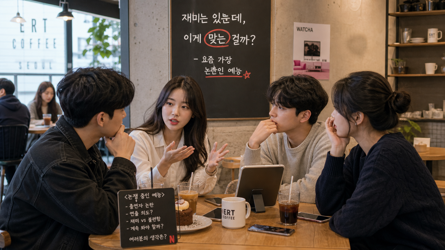 현대적인 카페에서 젊은이들이 TV 프로그램에 대해 토론하는 장면