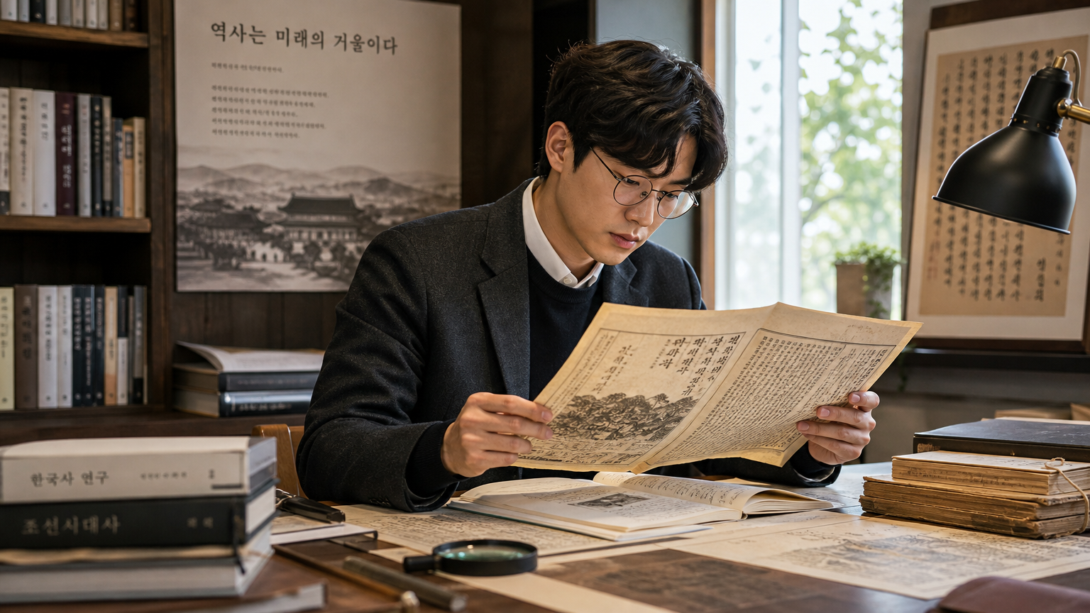 한국 역사학자가 밝은 연구실에서 문서를 분석하는 장면