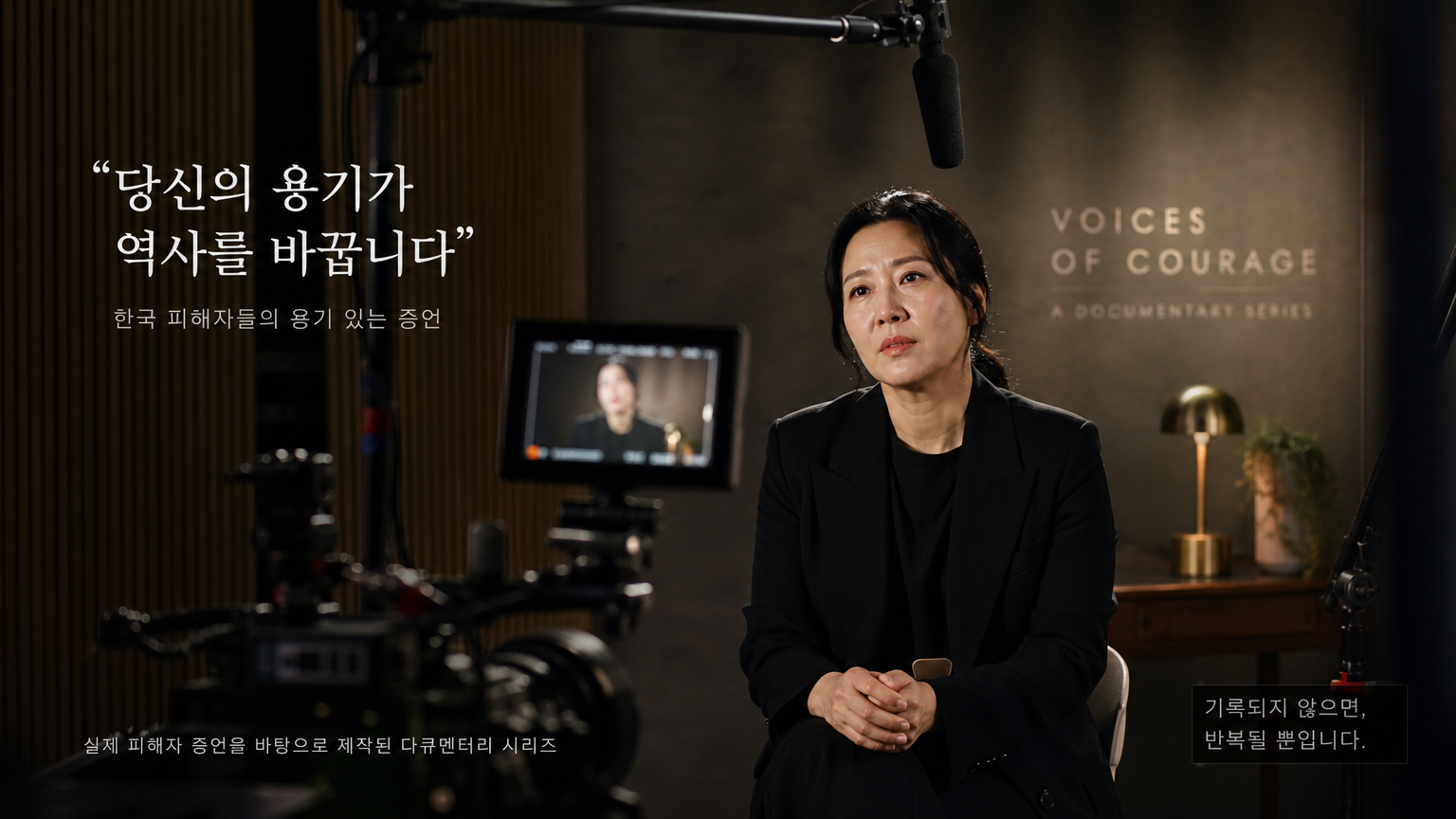 다큐멘터리 시리즈를 위해 스튜디오에서 녹화되는 한국 피해자의 증언