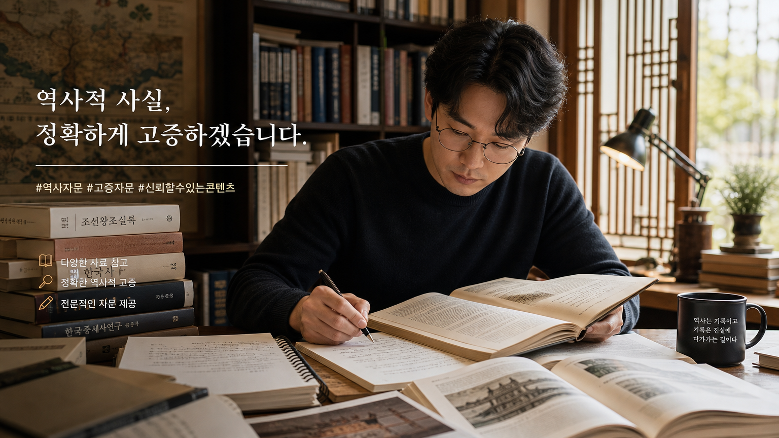 한국 학자가 역사 콘텐츠의 정확성을 검토하기 위해 책과 노트를 살펴보는 모습