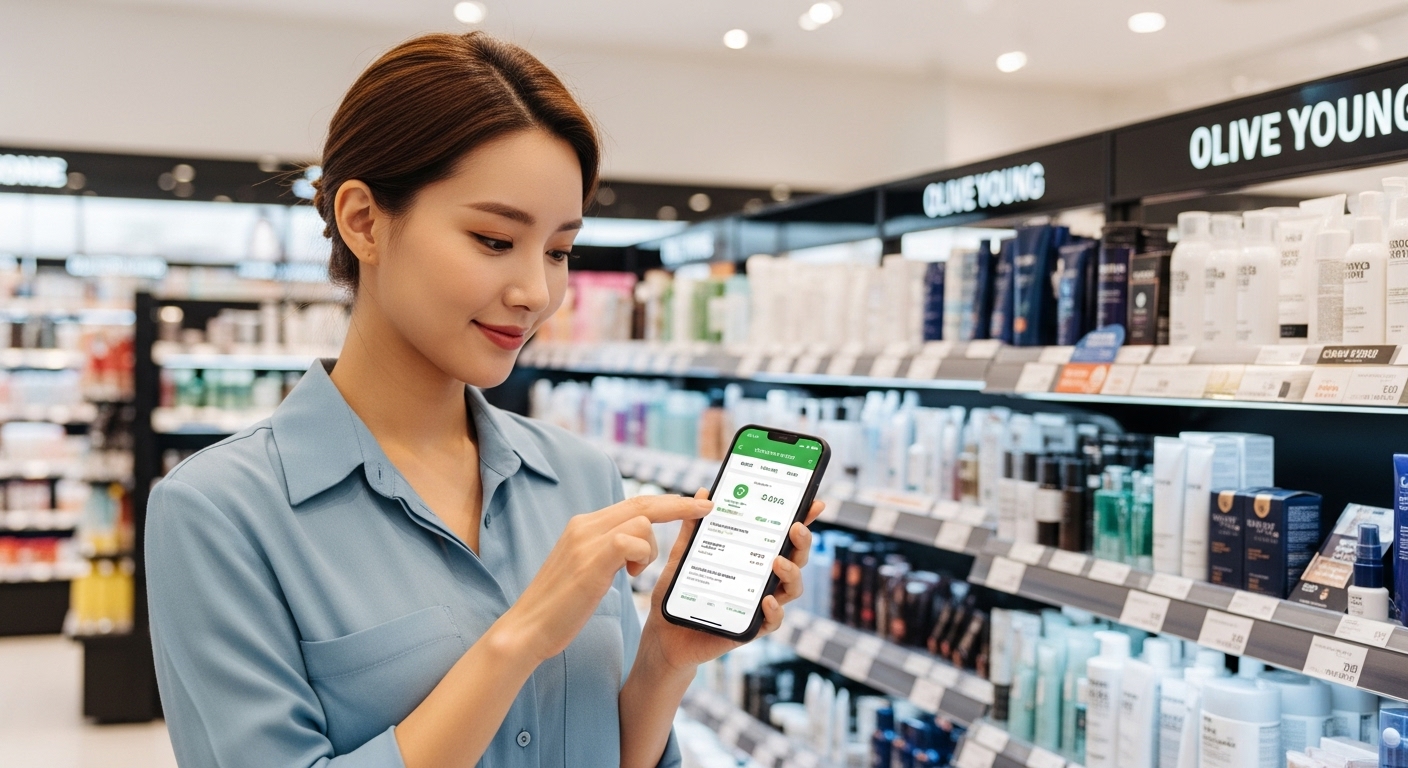 스마트폰 앱으로 올리브영 멤버십 혜택을 확인하는 여성의 모습