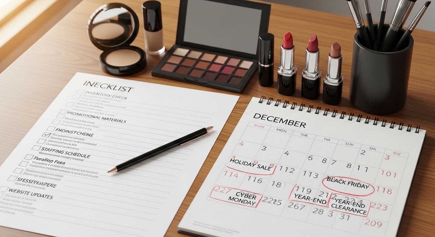 책상 위에 정돈된 메모와 함께 화장품과 달력이 놓여 있는 장면