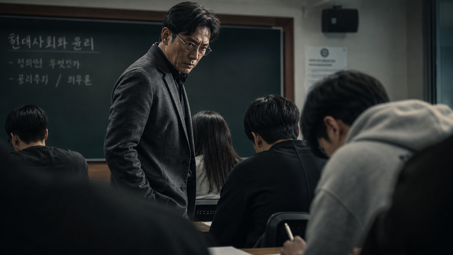 긴장감이 감도는 강의실에서 교수가 학생의 글을 집중해서 보는 장면