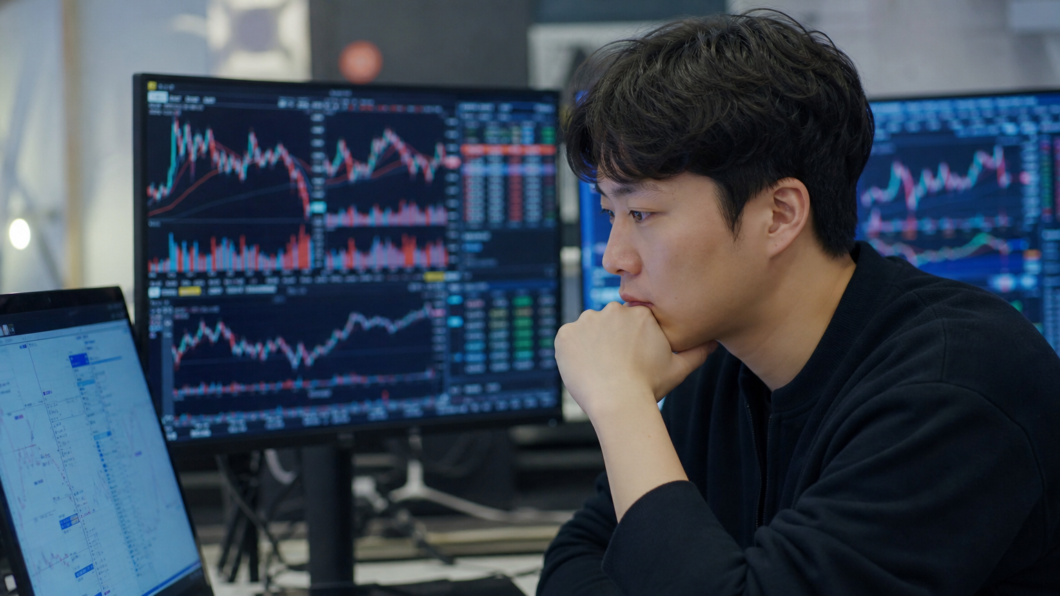 현대적인 한국 투자자가 컴퓨터 화면으로 주식 시장을 분석하는 모습