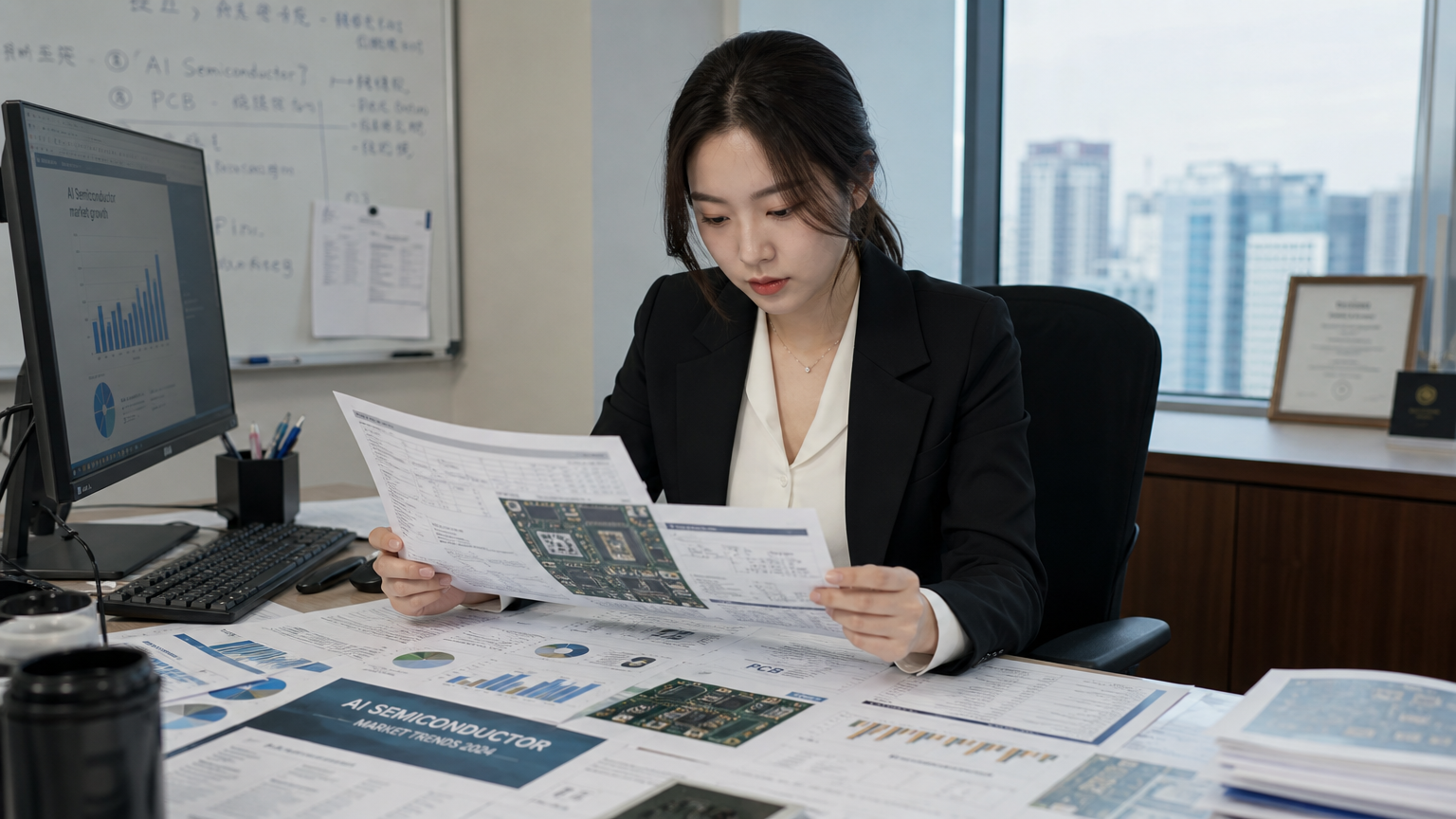 회사 보고서를 공부하는 한국 비즈니스 여성이 책상에 앉아 있는 장면
