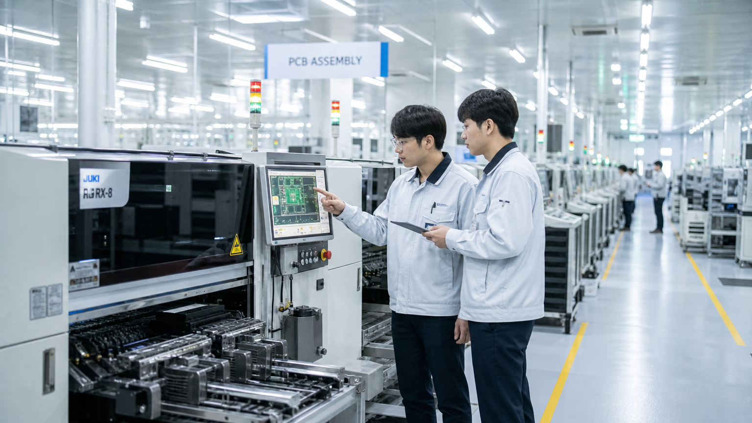 첨단 PCB 제조 장비를 검사하는 한국 엔지니어들이 있는 혁신적인 공장 환경