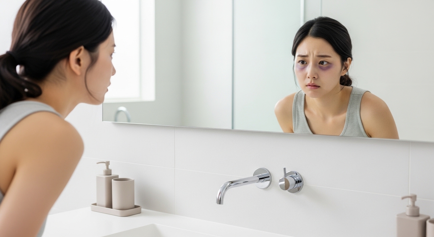 젊은 여성이 거울 앞에서 눈 밑 다크서클을 걱정하며 자신의 얼굴을 바라보는 모습