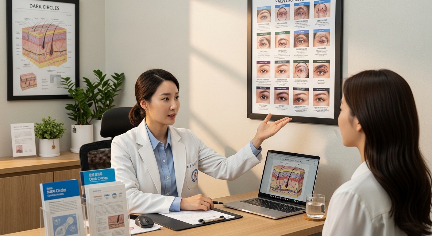 피부과 의사가 다양한 유형의 다크서클 원인을 환자에게 설명하는 장면