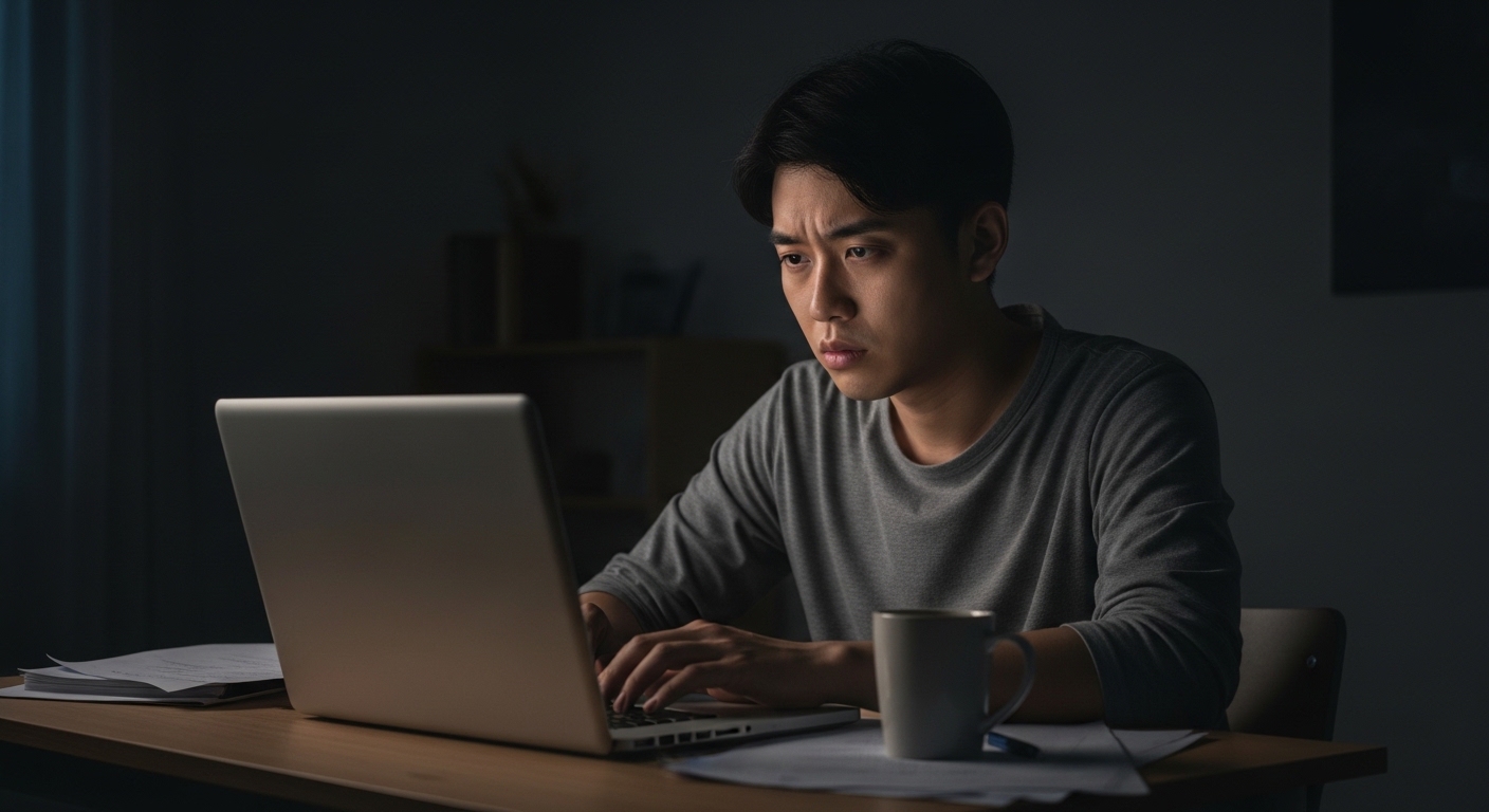 늦은 밤 노트북 앞에서 일하며 피로와 눈 밑 다크서클이 드러나는 청년의 모습