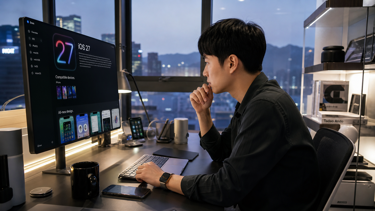 현대적인 사무실에서 iOS 27의 새로운 기능을 집중해서 보고 있는 한국인 직장인의 모습