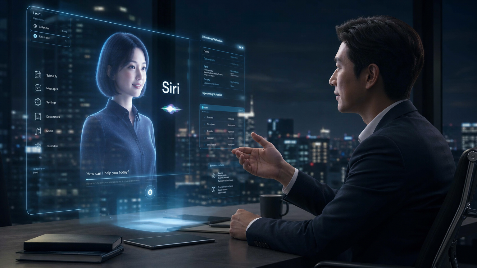 미래 지향적인 사무실에서 홀로그램으로 나타난 Siri AI와 상호작용하는 한국인 전문가