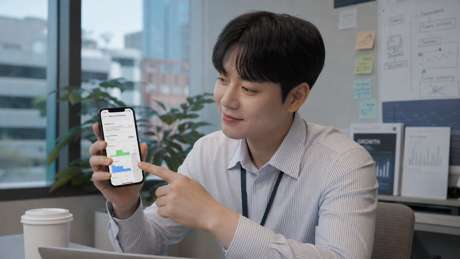 향상된 효율성과 긴 배터리 수명을 경험한 후 아이폰의 배터리 사용량을 확인하며 만족해하는 젊은 한국인 전문가