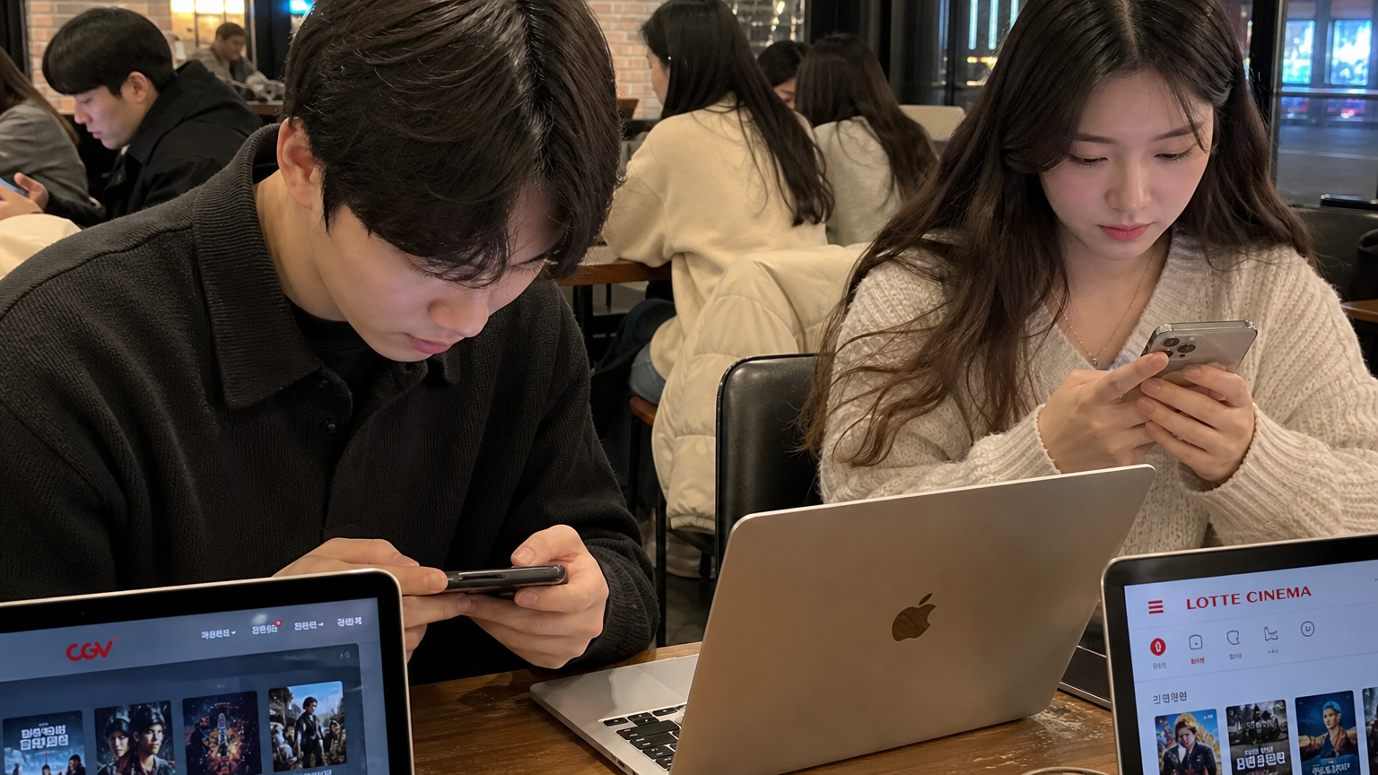 카페에서 CGV 및 롯데시네마 앱으로 영화를 확인하는 젊은이들