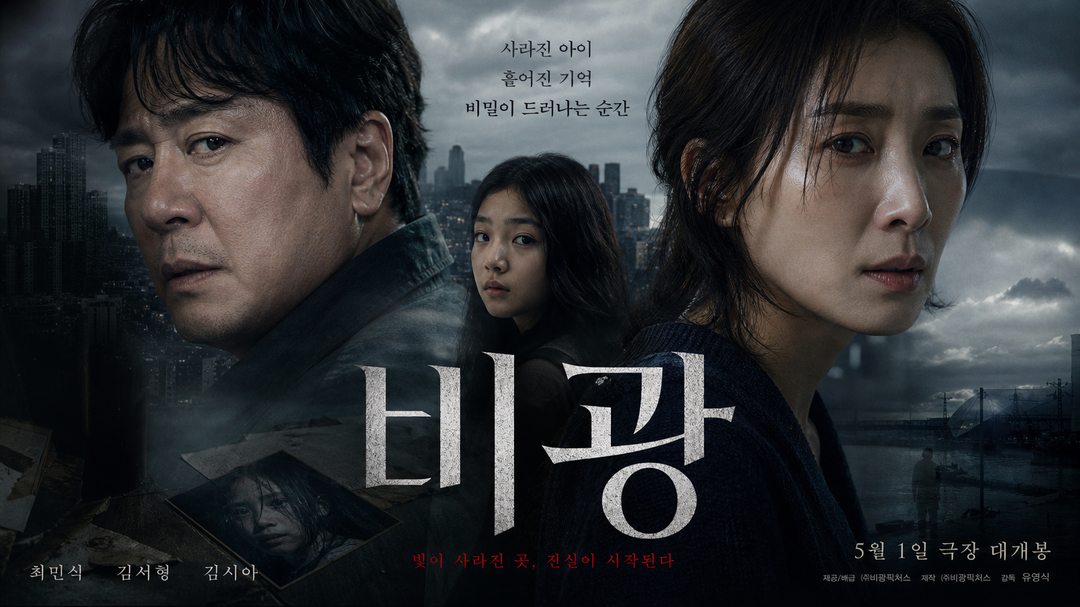 한국 영화 '비광'의 포스터로, 긴장감 있는 가족 드라마의 주요 인물들이 도시 배경과 함께 그려짐