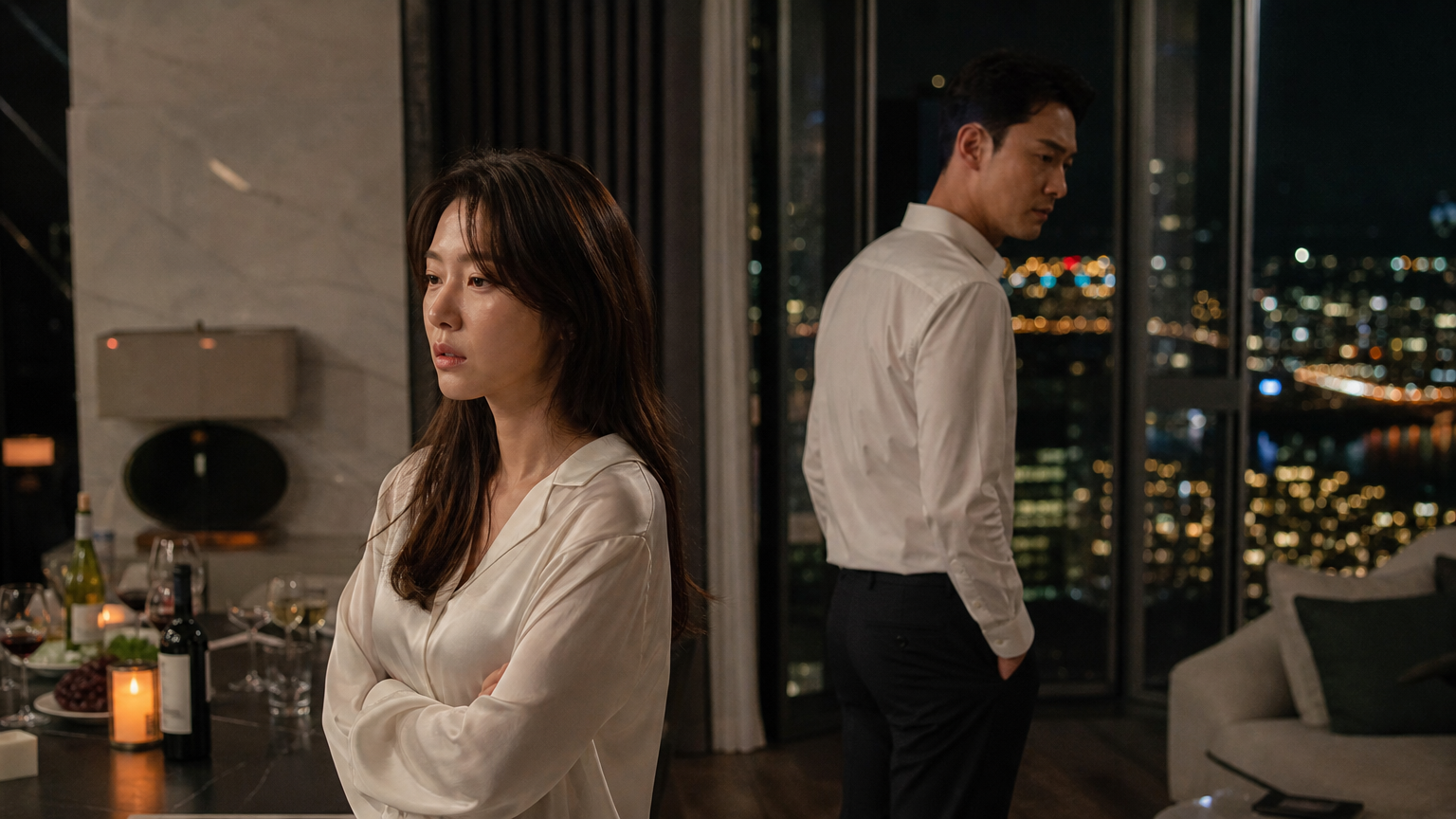 도시 아파트에서 긴장된 표정으로 서 있는 현대 한국 커플의 모습
