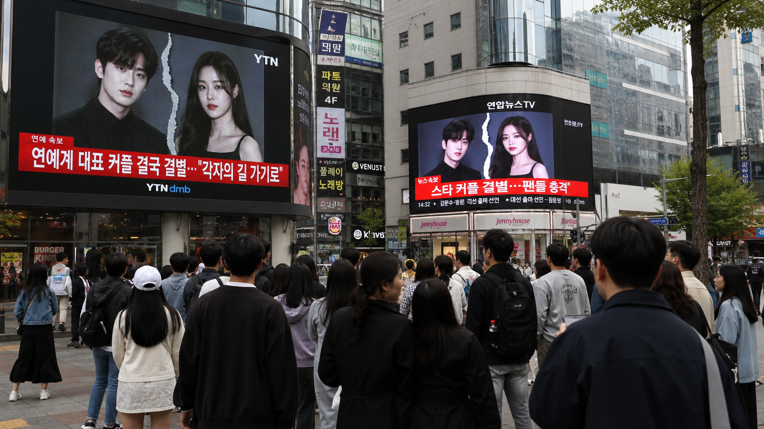 서울 거리 대형 스크린에서 유명인 커플의 파경 소식을 보도하는 장면
