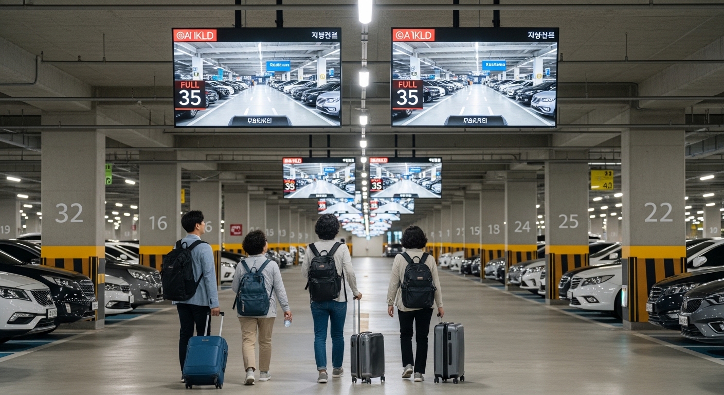 청주공항 주차장에서 실시간 정보를 확인하며 주차 공간을 찾는 여행객들