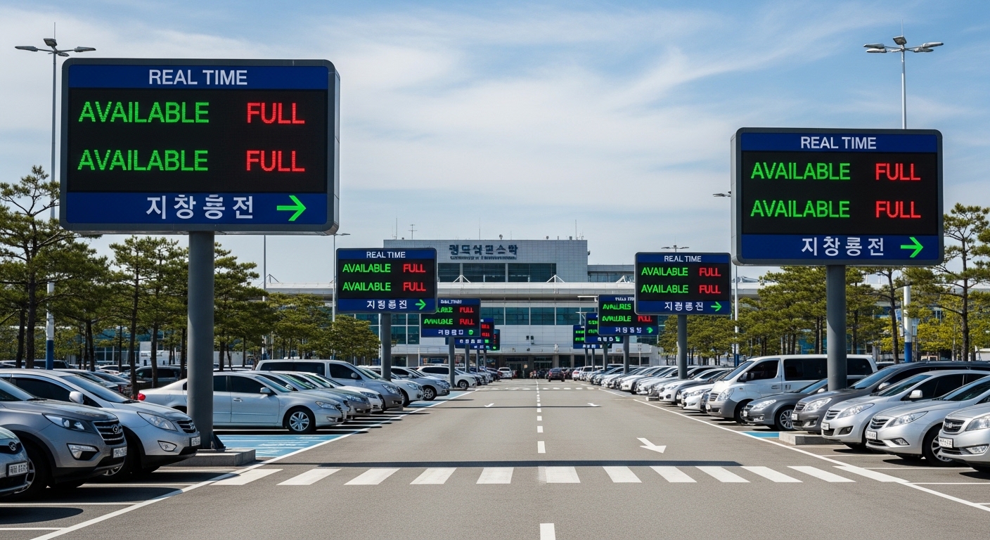 실시간 주차 가능 여부를 보여주는 디지털 화면이 있는 청주공항 야외 주차장의 모습