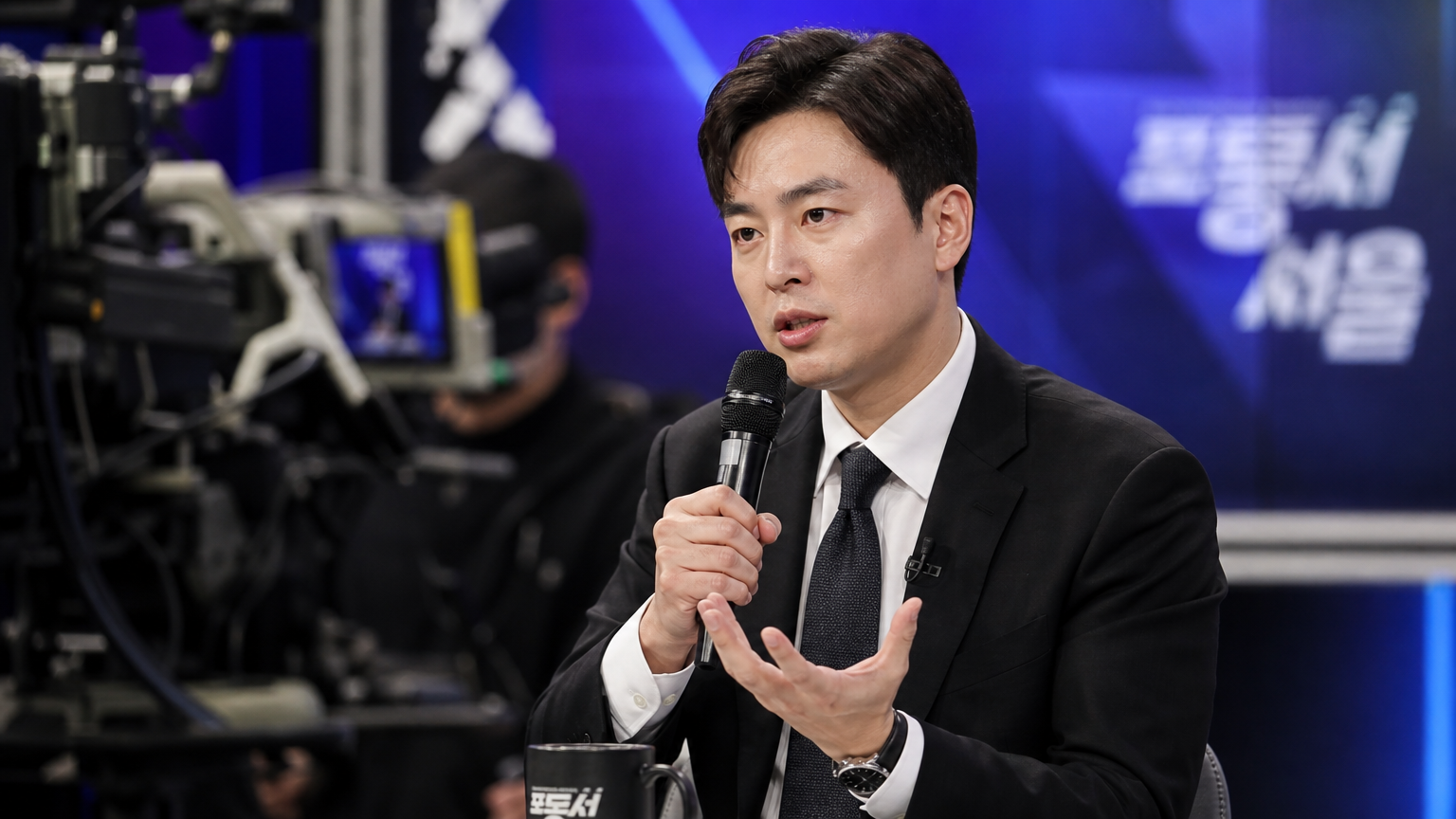 현대적인 토크쇼 세트에서 마이크로 열정적으로 발언하는 남성