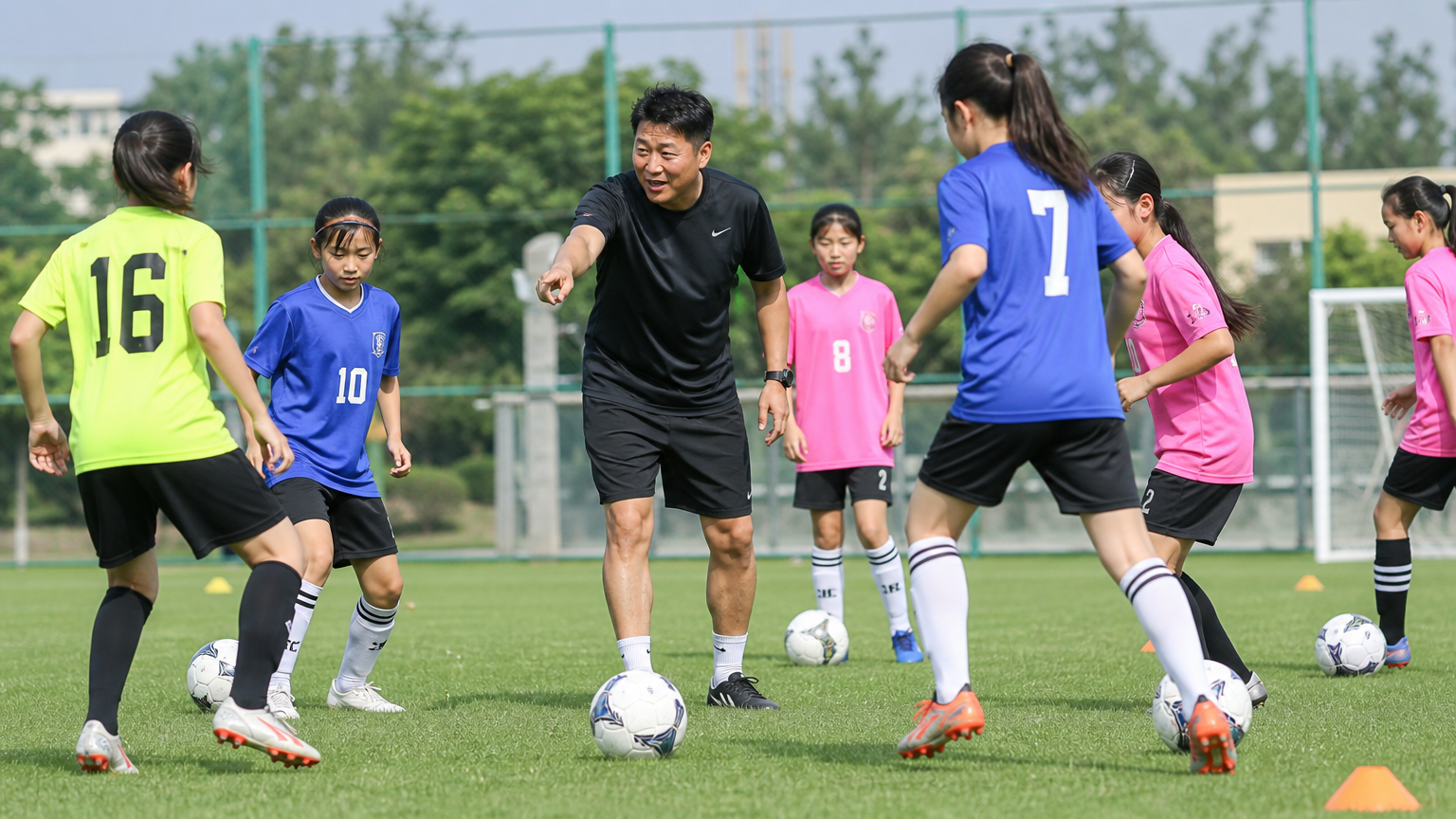 밝은 표정으로 어린 여성 축구 선수들을 지도하는 코치와 훈련 중인 선수들