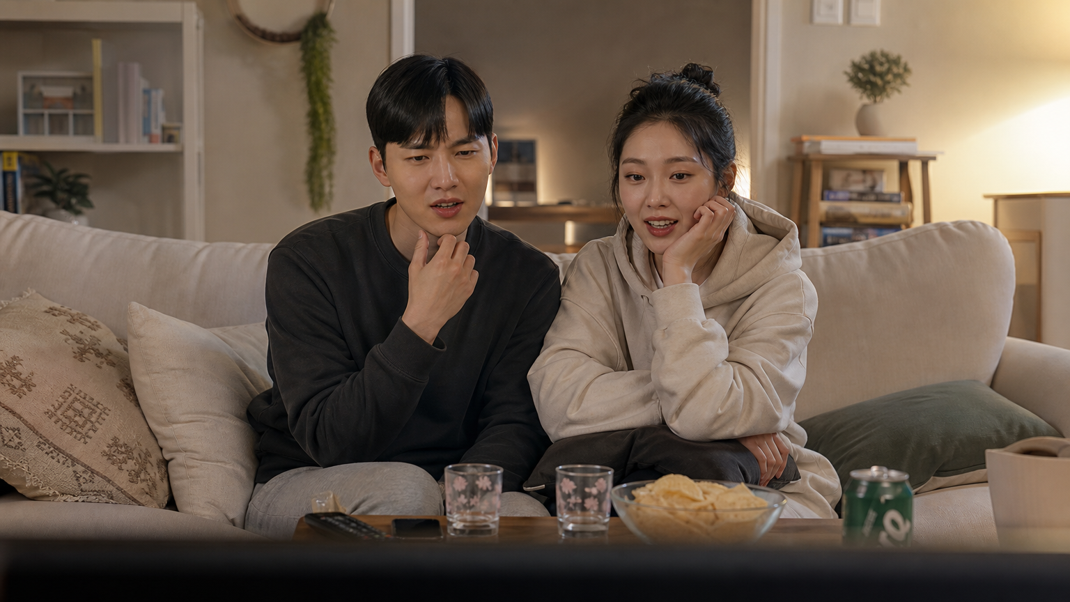 현대 한국 커플이 거실에서 데이트 리얼리티 쇼를 시청하는 모습