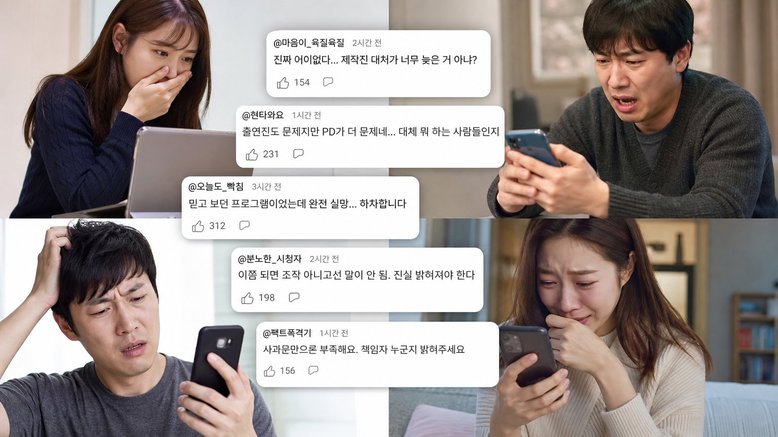 한국 시청자들이 온라인에서 리얼리티 TV 논란에 대해 불만을 표출하는 모습
