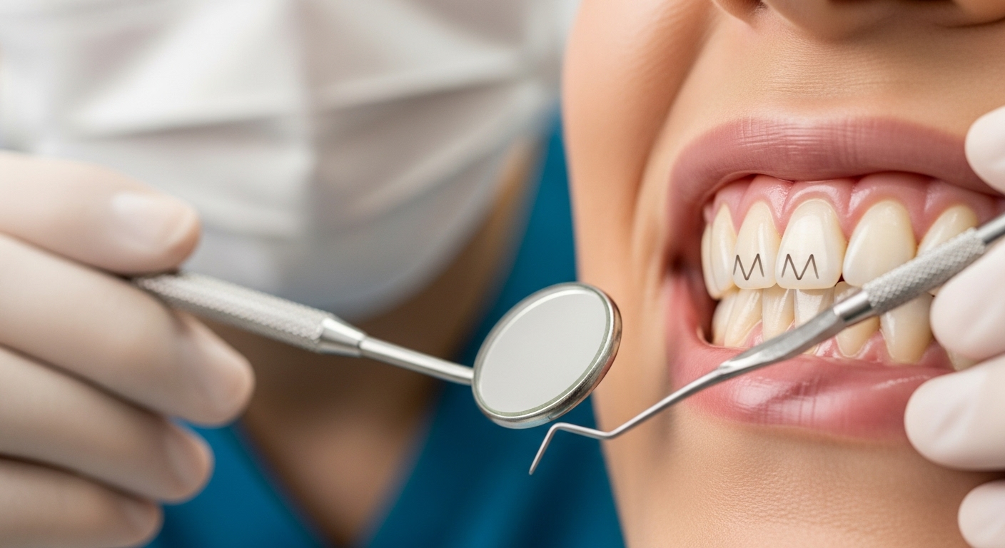 한국의 치과 의사가 환자의 치아와 잇몸 경계 부분을 검사하는 모습