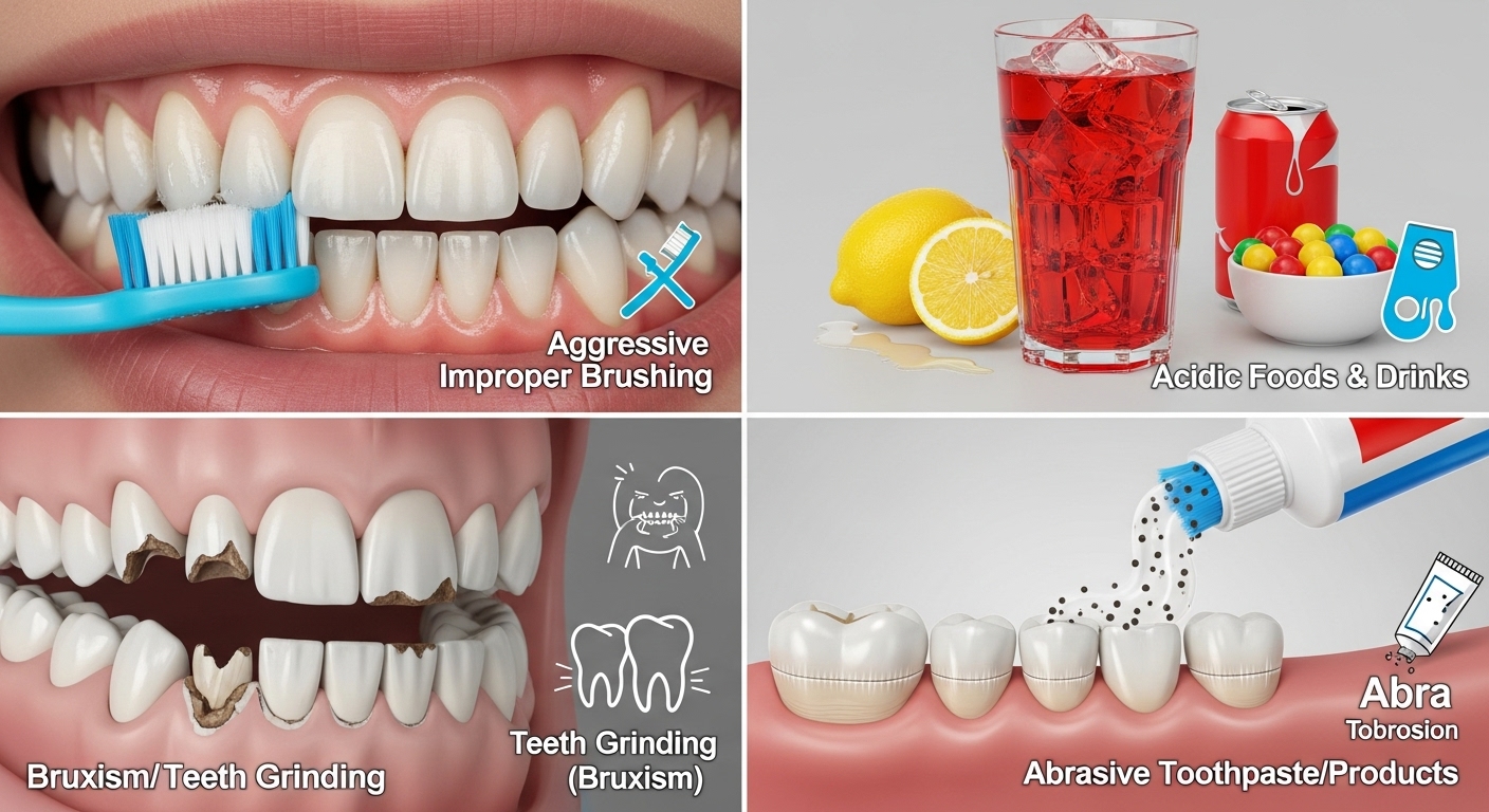 부적절한 양치와 산성 음식 섭취 등 치경부 마모의 주요 원인을 나타내는 시각적 아이콘들