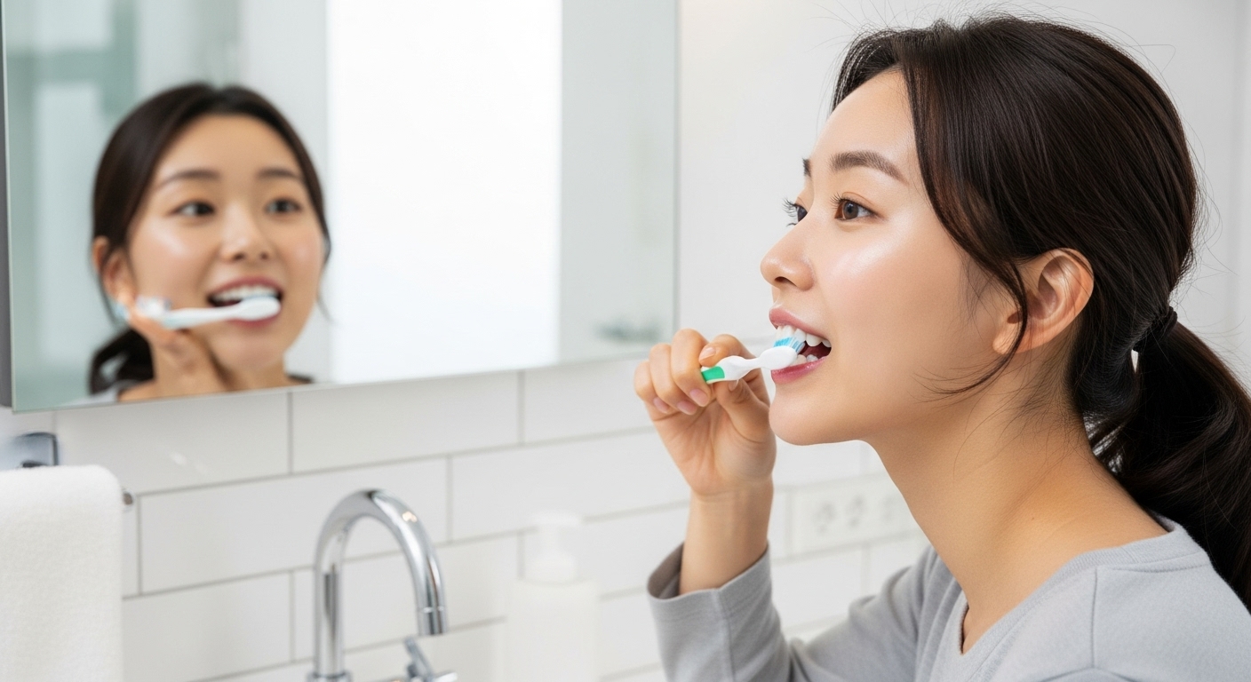 젊은 여성이 올바른 칫솔질 각도와 기술을 사용하여 부드러운 칫솔로 양치하는 모습