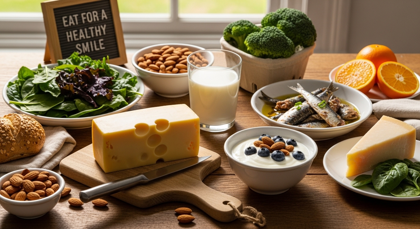건강한 치아를 위해 칼슘과 인이 풍부한 식품들이 나무 테이블 위에 놓여 있는 모습