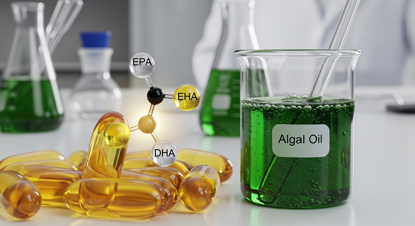 rTG 오메가3 캡슐과 친환경 추출 과정이 강조된 분자 구조의 근접 촬영