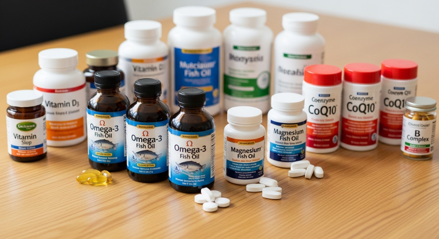 다양한 영양제가 깔끔하게 정리된 모습으로 오메가3와 마그네슘 알약 및 코엔자임 Q10 병이 테이블 위에 놓여 있음