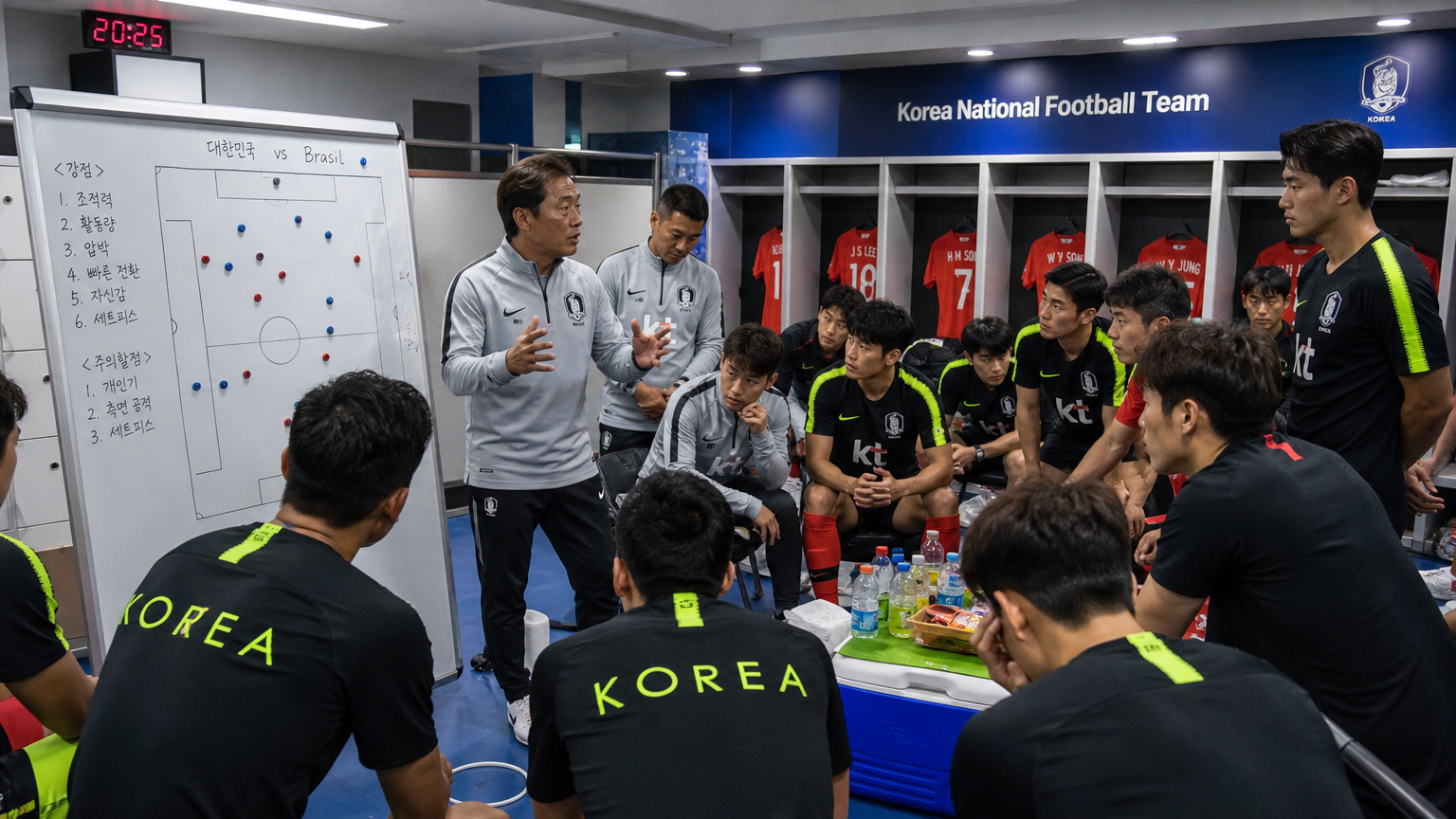브라질과의 경기를 준비하며 전략 회의를 하는 한국 축구팀