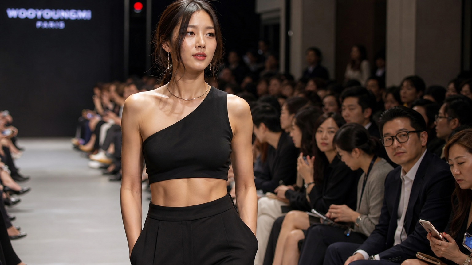 패션쇼 무대에서 스타일리시한 옷을 입은 여성이 참석자들 사이에 있는 장면