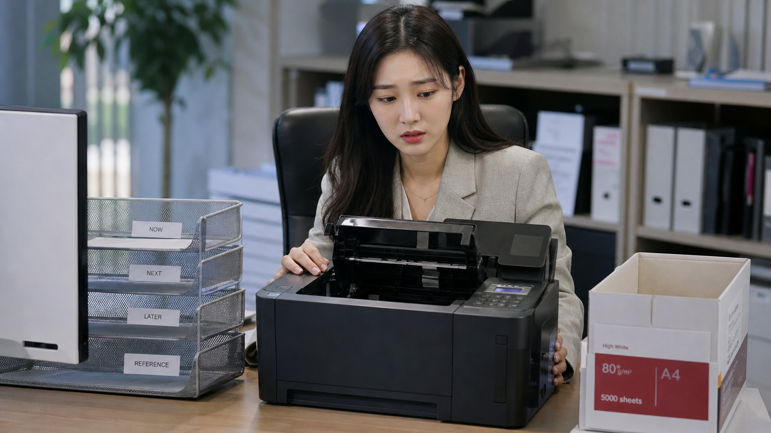 현대적인 사무실에서 종이가 떨어져 걱정하는 직장인의 모습